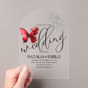 Invitations En Acrylique Papillon Rouge Mariage Minimaliste Script