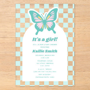 Invitations En Acrylique Papillon Turquoise Checkerboard Girl Baby shower