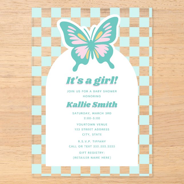 Invitations En Acrylique Papillon Turquoise Checkerboard Girl Baby shower (Recto)
