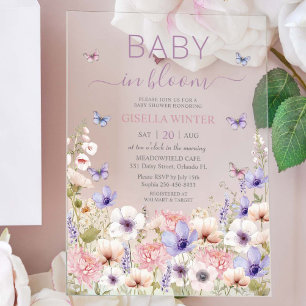 Invitations En Acrylique Papillons de fleurs sauvages rose pourpre Bébé en 