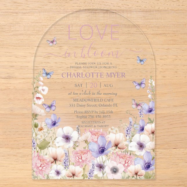Invitations En Acrylique Papillons de fleurs sauvages roses violettes Amour (Recto)