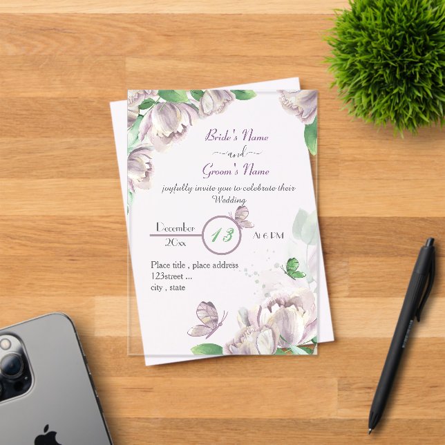 Invitations En Acrylique papillons feuille vert fleurs violettes mariage (Insitu (Carte d'invitation))