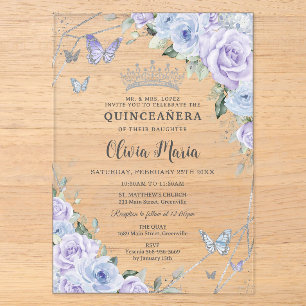 Invitations En Acrylique Papillons floraux bleu pourpre Quinceañera