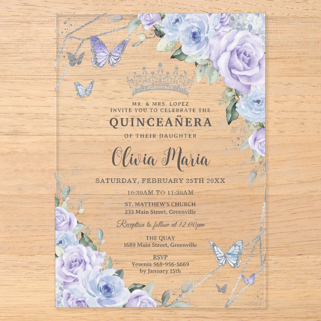 Invitations En Acrylique Papillons floraux bleu pourpre Quinceañera (Recto)