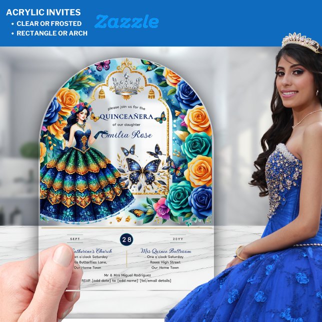 Invitations En Acrylique Papillons floraux de Fiesta QUINCEANERA Or Bleu (Créateur téléchargé)