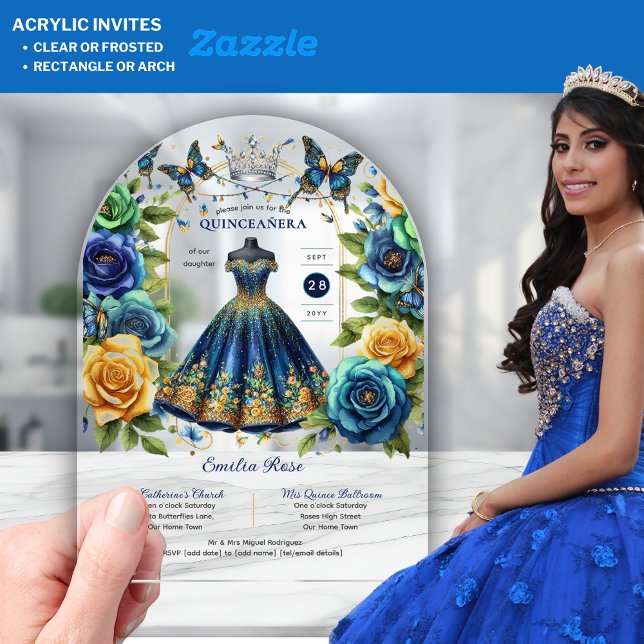Invitations En Acrylique Papillons floraux de Fiesta QUINCEANERA Or Bleu (Créateur téléchargé)