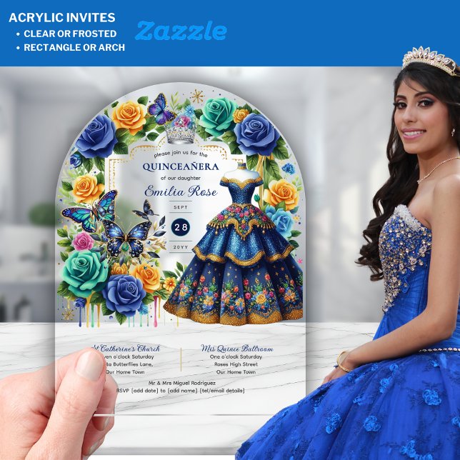 Invitations En Acrylique Papillons floraux de Fiesta QUINCEANERA Or Bleu (Créateur téléchargé)