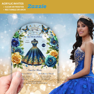 Invitations En Acrylique Papillons floraux de Fiesta QUINCEANERA Or Bleu