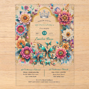Invitations En Acrylique Papillons floraux QUINCEANERA Tiara Gold Silver