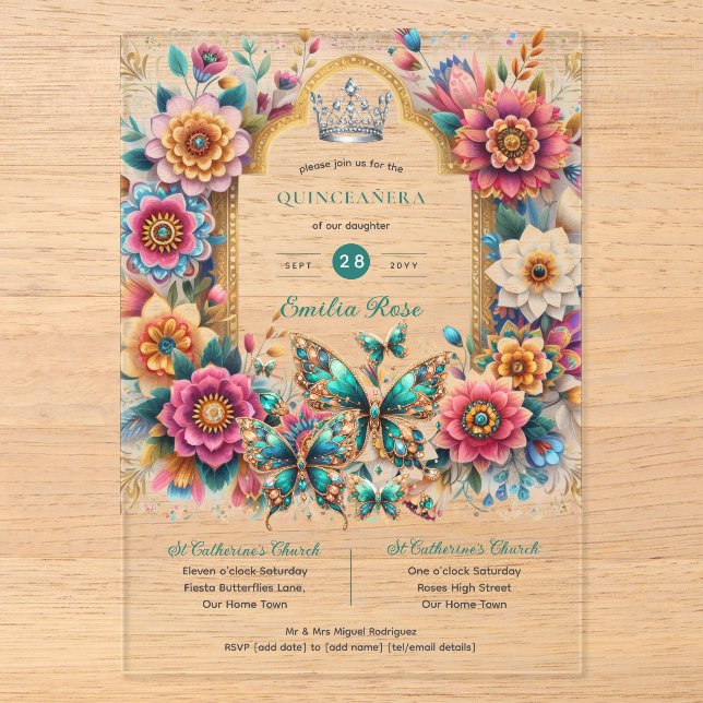 Invitations En Acrylique Papillons floraux QUINCEANERA Tiara Gold Silver (Recto)