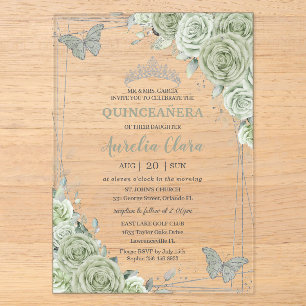 Invitations En Acrylique Papillons floraux vert Sage Silver Quinceañera