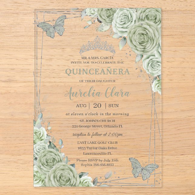 Invitations En Acrylique Papillons floraux vert Sage Silver Quinceañera (Recto)