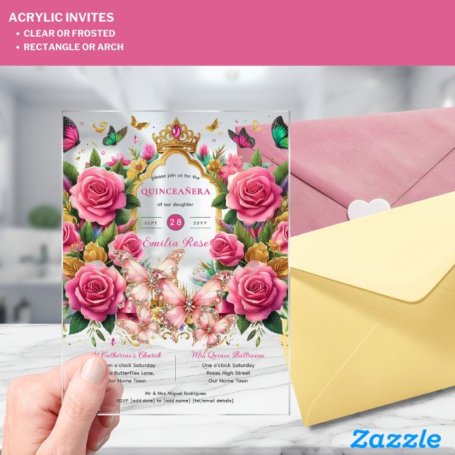 Invitations En Acrylique Papillons roses QUINCEANERA Tiara Floraux Roses (Créateur téléchargé)