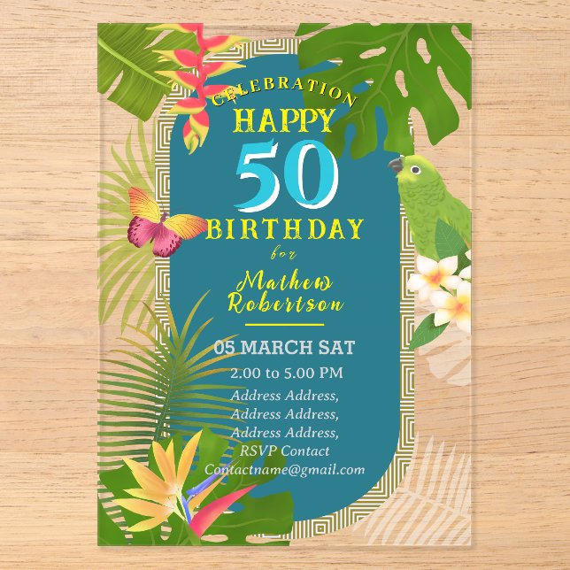 Invitations En Acrylique Paradis tropical Anniversaire Turquoise (Recto)