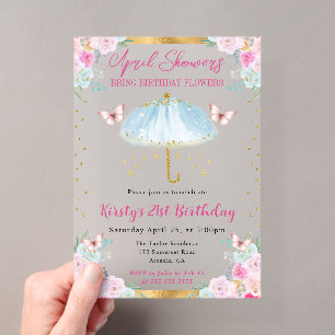 Invitations En Acrylique Parapluie bleu or aquarelle 21e anniversaire