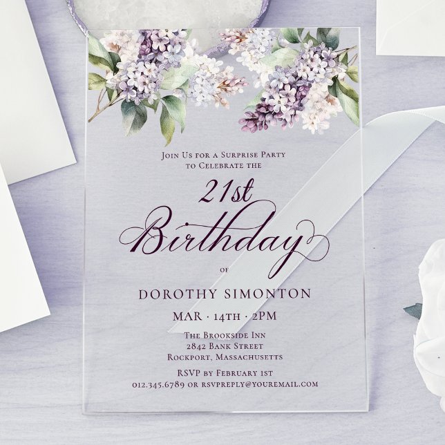Invitations En Acrylique PARTI SURPRISE 21e anniversaire Purple Lilac Flora (Créateur téléchargé)