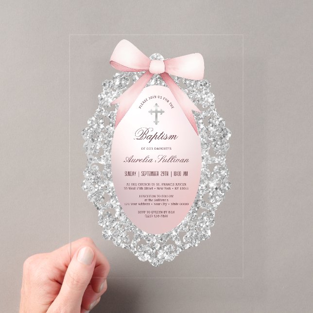 Invitations En Acrylique Parties scintillant Argent Cadre rose Bow Baptême (In situ (ordinateur de poche))