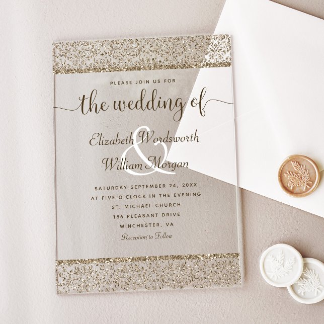 Invitations En Acrylique Parties scintillant Champagne Damask Monogramme Ma (Créateur téléchargé)