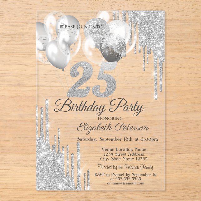Invitations En Acrylique Parties scintillant d'argent Ballons Bleus Métalli (Recto)