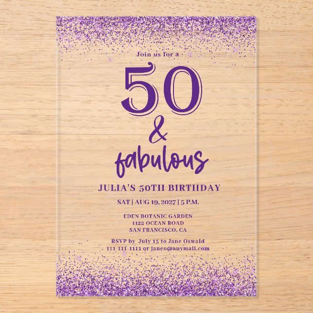 Invitations En Acrylique Parties scintillant d'argent violet 50e fête d'ann (Recto)