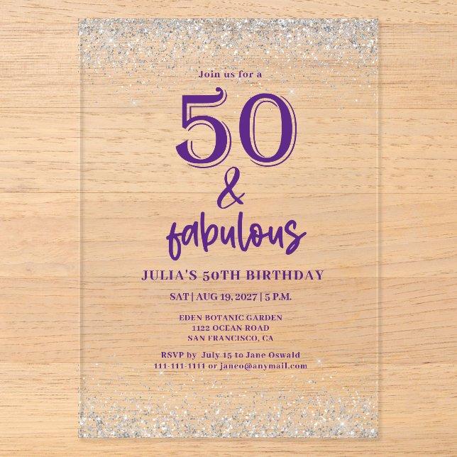 Invitations En Acrylique Parties scintillant d'argent violet 50e fête d'ann (Recto)