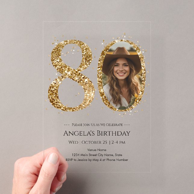 Invitations En Acrylique Parties scintillant d'or 80e anniversaire Photo (In situ (ordinateur de poche))