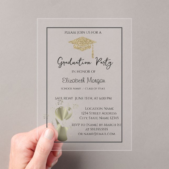 Invitations En Acrylique Parties scintillant d'or Diplôme Cap SwirlsGraduat (In situ (ordinateur de poche))