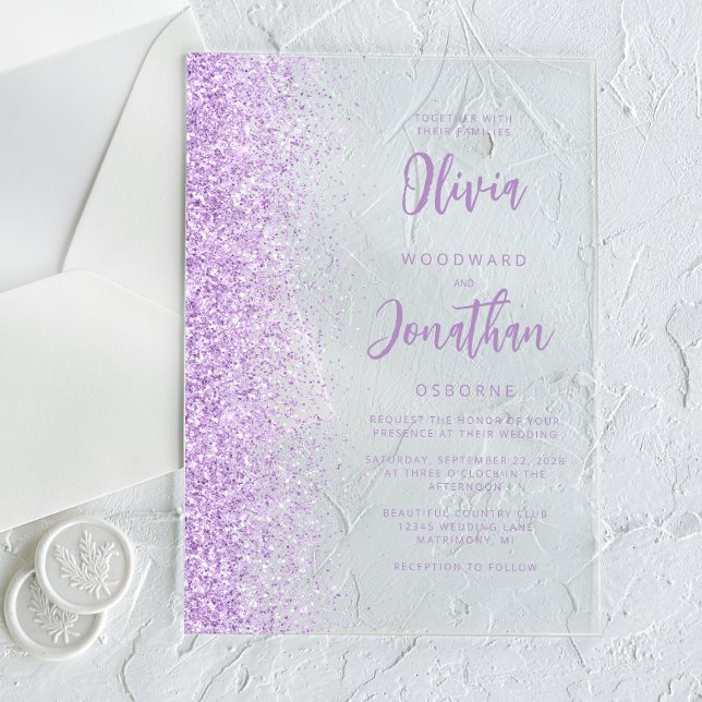 Invitations En Acrylique Parties scintillant Lilac Mariage de script modern (Créateur téléchargé)