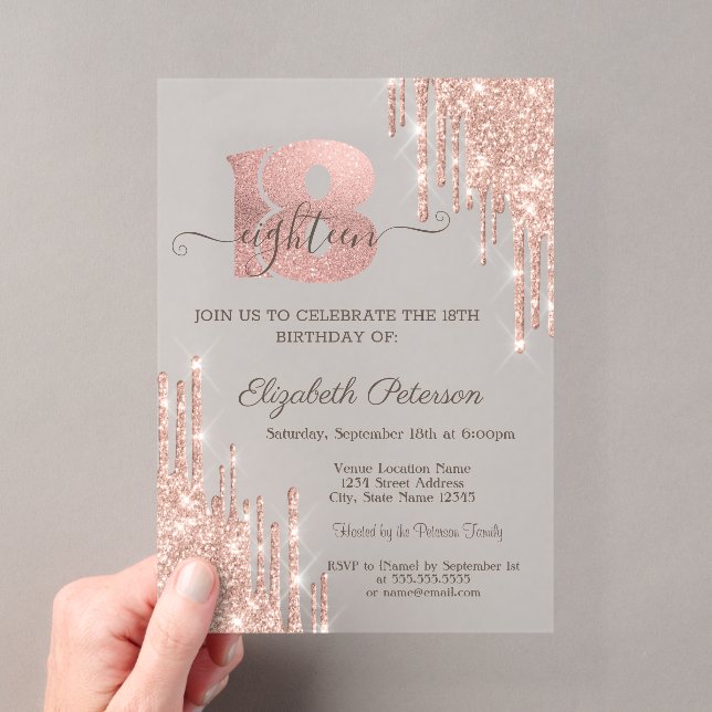 Invitations En Acrylique Parties scintillant modernes Rose Gold 18e anniver (In situ (ordinateur de poche))