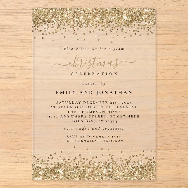 Invitations En Acrylique Parties scintillant or étincelante Frontières Noël (Recto)