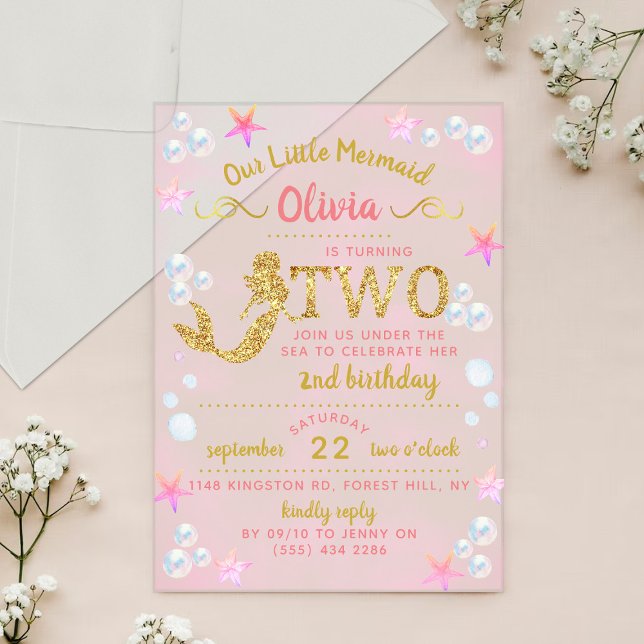 Invitations En Acrylique Parties scintillant rose et or Mermaid 2e annivers (Créateur téléchargé)