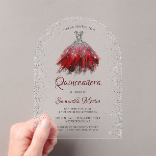 Invitations En Acrylique Parties scintillant rouge argent Script Quinceañer