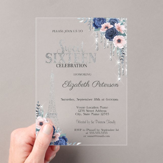 Invitations En Acrylique Parties scintillant, Tour Eiffel Bleu Roses Sweet  (In situ (ordinateur de poche))