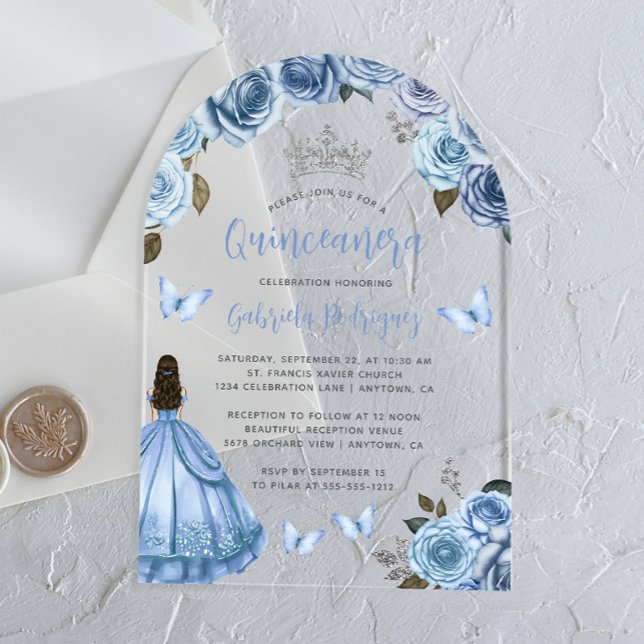 Invitations En Acrylique Pastel Blue Floral Rose Aquarelle Quinceañera (Créateur téléchargé)