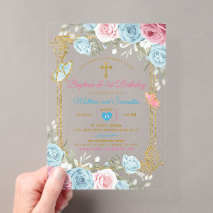 Invitations En Acrylique Pastel Blue Rose Gold Baptême & 1er anniversaire