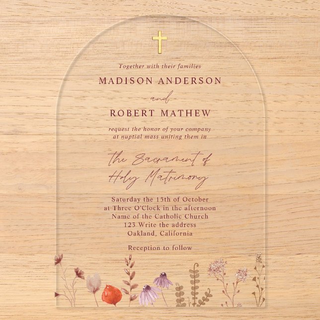 Invitations En Acrylique Pastel Fleur sauvage Garden Mariage catholique (Recto)