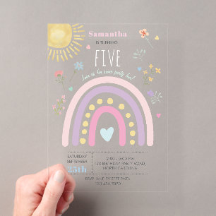 Invitations En Acrylique Pastel Rainbows Coeurs Fleur sauvage filles Annive