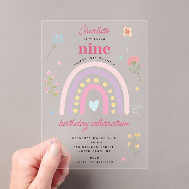 Invitations En Acrylique Pastel Rainbows Fille Coeurs Fleur sauvage Anniver (In situ (ordinateur de poche))