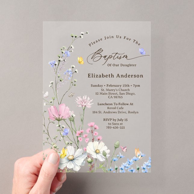 Invitations En Acrylique Pastel Rose & Bleu Fleur sauvage Whimsical Baptême (In situ (ordinateur de poche))