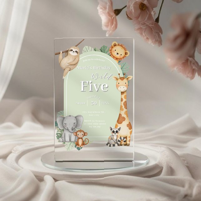 Invitations En Acrylique Pastel Tropical Jungle Safari Animaux anniversaire (Créateur téléchargé)