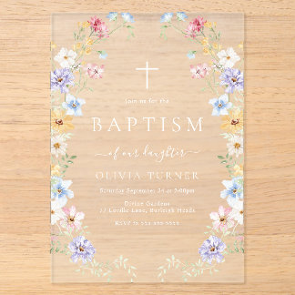 Invitations En Acrylique Pastel Wildflower Wreath Modern Baptism