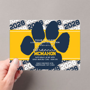 Invitations En Acrylique Pawprint Gold & Navy Blue Graduation Frosted