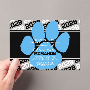 Invitations En Acrylique Pawprint noir et bleu clair Graduation Frosted