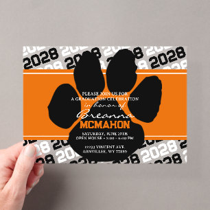 Invitations En Acrylique Pawprint Orange & Black Graduation Frosted