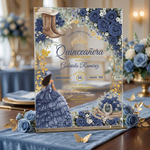 Invitations En Acrylique Pays occidental Roses bleues marine Or Quinceañera
