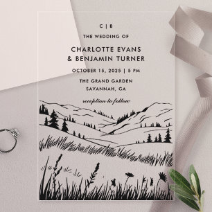 Invitations En Acrylique Paysage de montagne noire Mariage