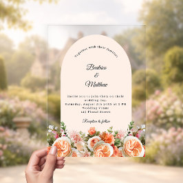 Invitations En Acrylique Peach blush ivory florals arch clear wedding