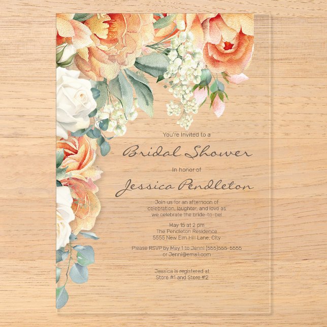 Invitations En Acrylique Peach Cream Floral Eucalyptus Fête des mariées Cle (Recto)
