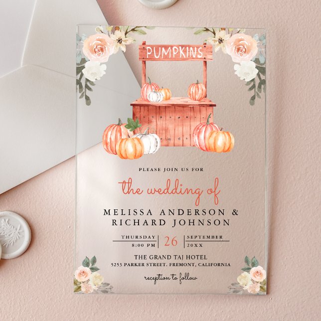 Invitations En Acrylique Peach Floral Pumpkin Market Wedding (Créateur téléchargé)