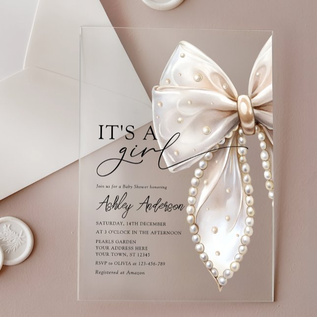 Invitations En Acrylique Pearl Bow est un Baby shower de fille (Créateur téléchargé)